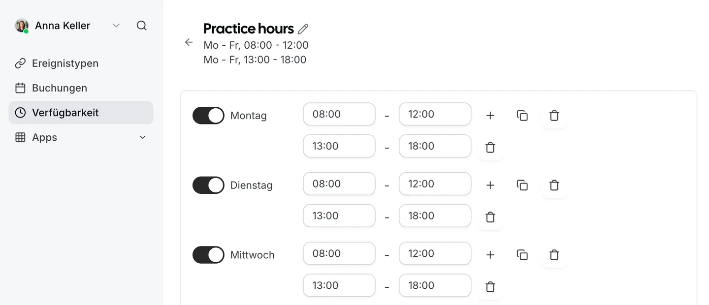 Ein Zeitplan in Zitli mit Arbeitszeiten von Montag bis Freitag, vormittags und nachmittags.