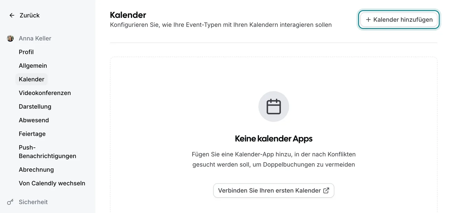 Die Zitli-Einstellungsseite «Kalender», oben rechts ist die Schaltfläche «Kalender hinzufügen» markiert.
