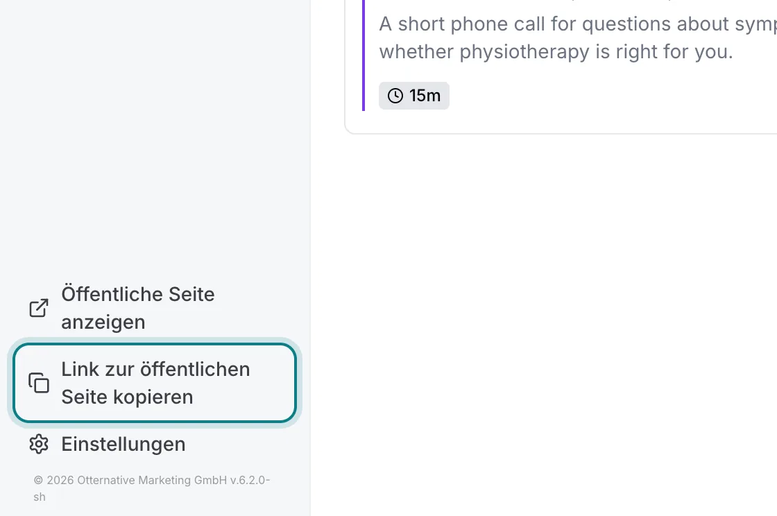 Die linke untere Ecke der Zitli-App, «Link zur öffentlichen Seite kopieren» ist markiert.