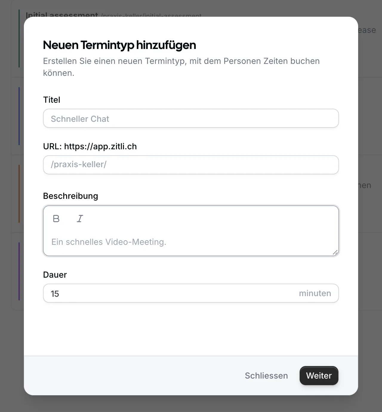 Der Dialog für eine neue Terminart in Zitli mit den Feldern Titel, Link, Beschreibung und Dauer.