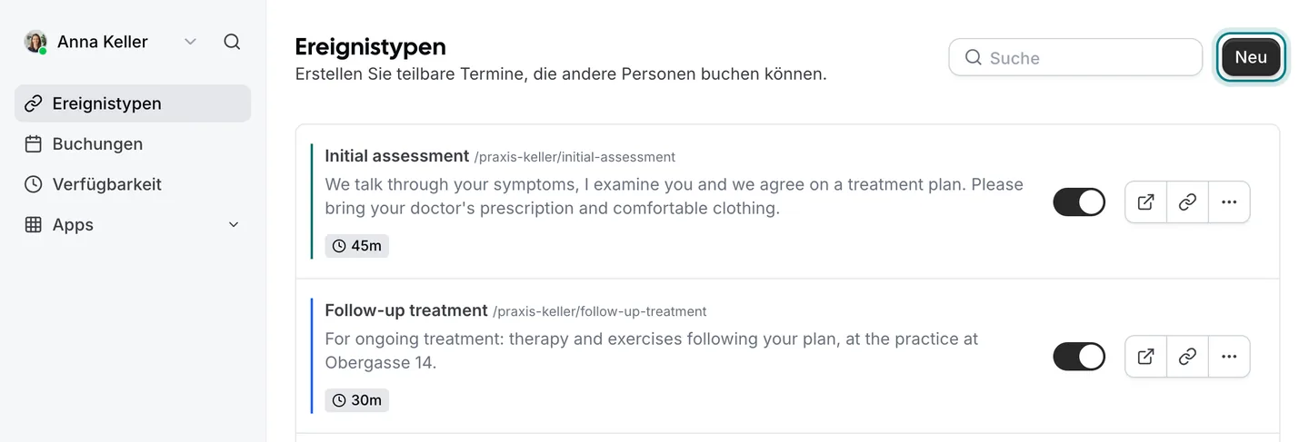 Die Liste der Terminarten in Zitli, oben rechts ist die Schaltfläche «Neu» markiert.