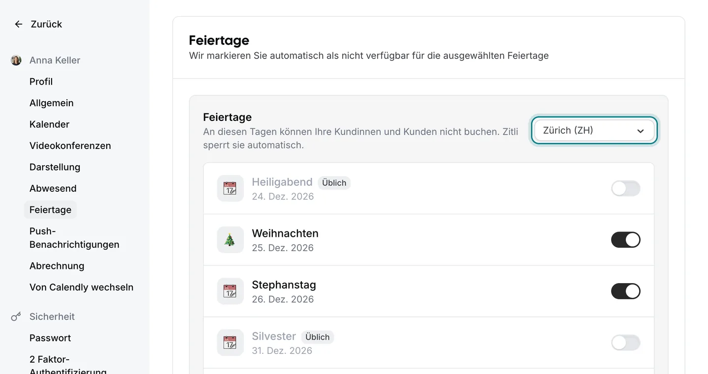 Die Zitli-Einstellungsseite «Feiertage», die Kantonsauswahl ist markiert, darunter stehen die Feiertage des Kantons Zürich.