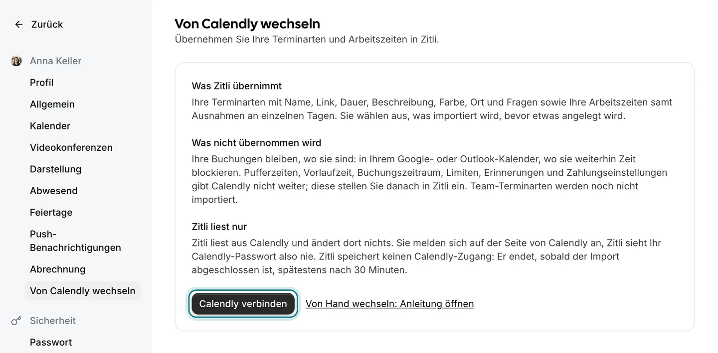 Die Zitli-Einstellungsseite «Von Calendly wechseln», die Schaltfläche «Calendly verbinden» ist markiert.
