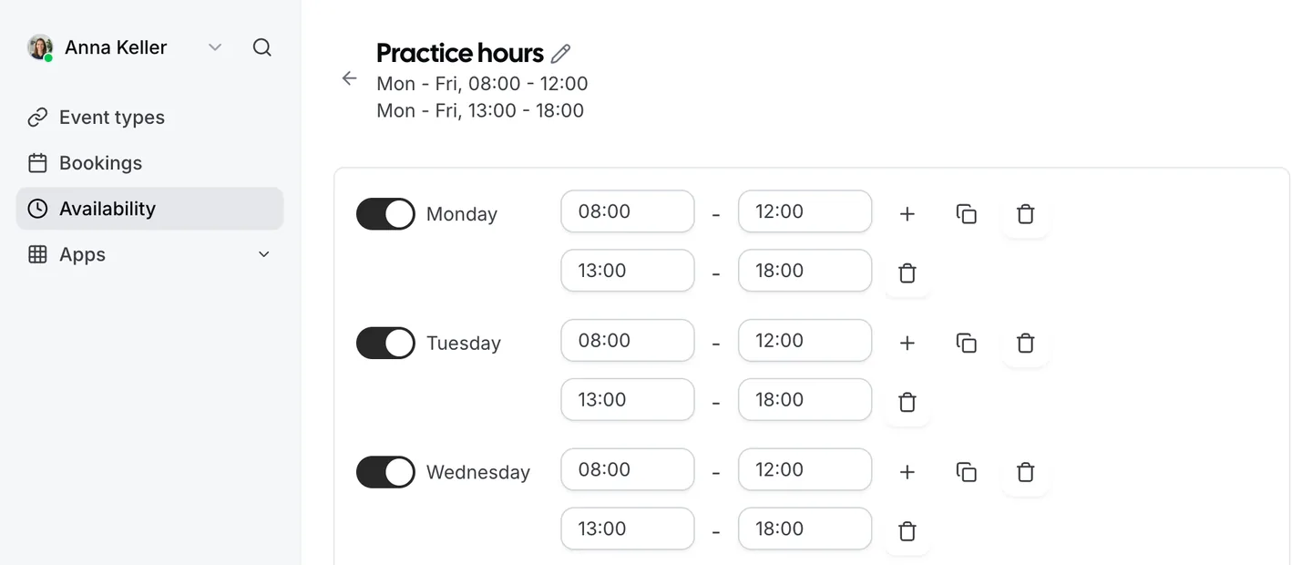 A schedule in Zitli with working hours from Monday to Friday, mornings and afternoons.