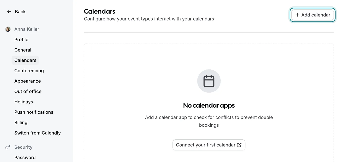 The Zitli settings page «Calendars» with the button «Add calendar» highlighted at the top right.