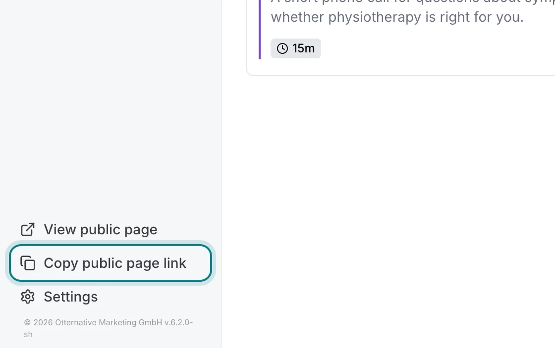 The bottom left corner of the Zitli app with «Copy public page link» highlighted.
