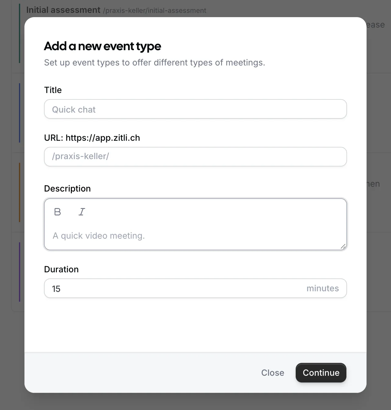 The dialog for a new appointment type in Zitli with the fields title, link, description and duration.