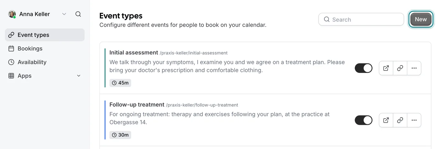 The list of appointment types in Zitli with the button «New» highlighted at the top right.