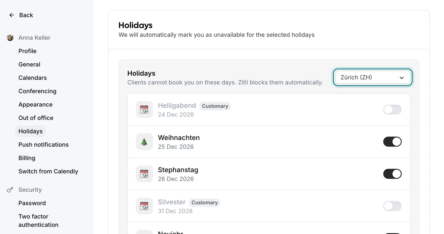 The Zitli settings page «Holidays» with the canton selector highlighted and the public holidays of the canton of Zurich listed below.