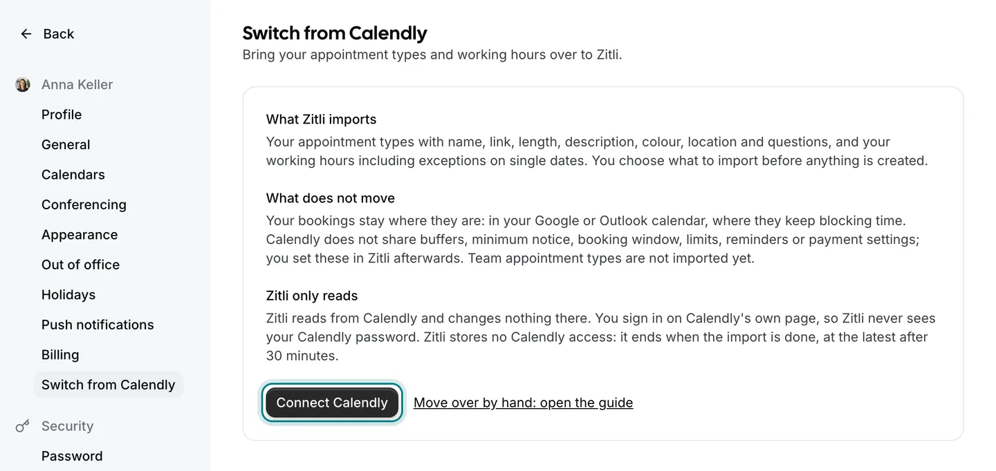 The Zitli settings page «Switch from Calendly» with the button «Connect Calendly» highlighted.