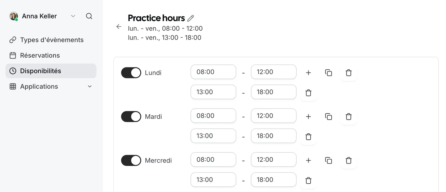 Un planning dans Zitli avec les horaires du lundi au vendredi, le matin et l'après-midi.