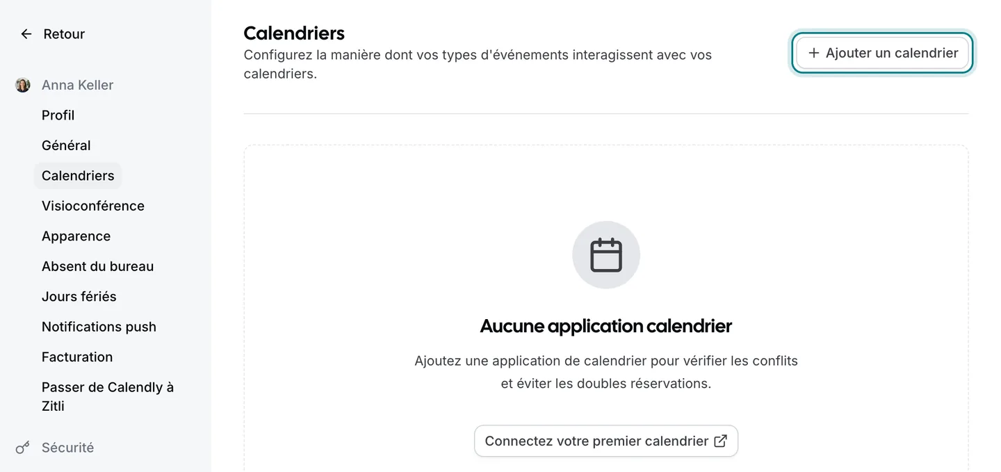 La page des paramètres Zitli « Calendriers », avec le bouton « Ajouter un calendrier » mis en évidence en haut à droite.