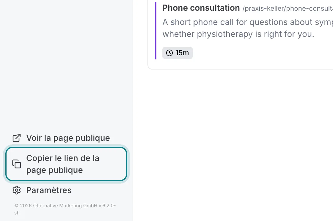Le coin inférieur gauche de l'application Zitli, avec « Copier le lien de la page publique » mis en évidence.