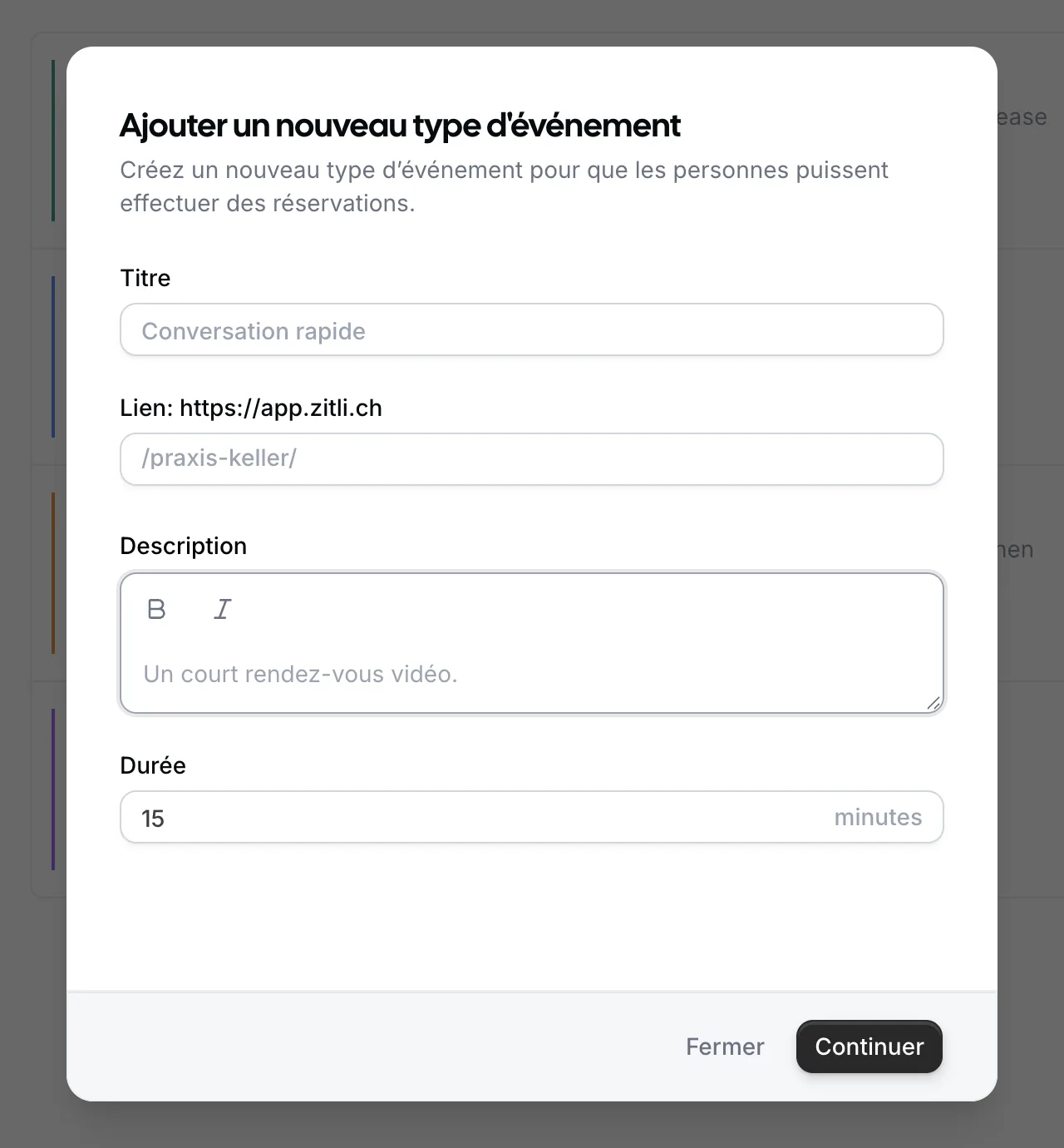 La fenêtre de création d'un type de rendez-vous dans Zitli, avec les champs titre, lien, description et durée.