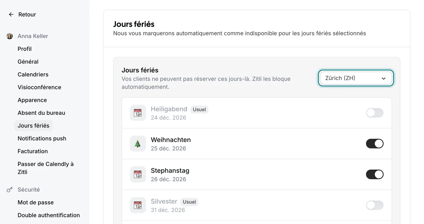 La page des paramètres Zitli « Jours fériés », avec le choix du canton mis en évidence et, en dessous, les jours fériés du canton de Zurich.