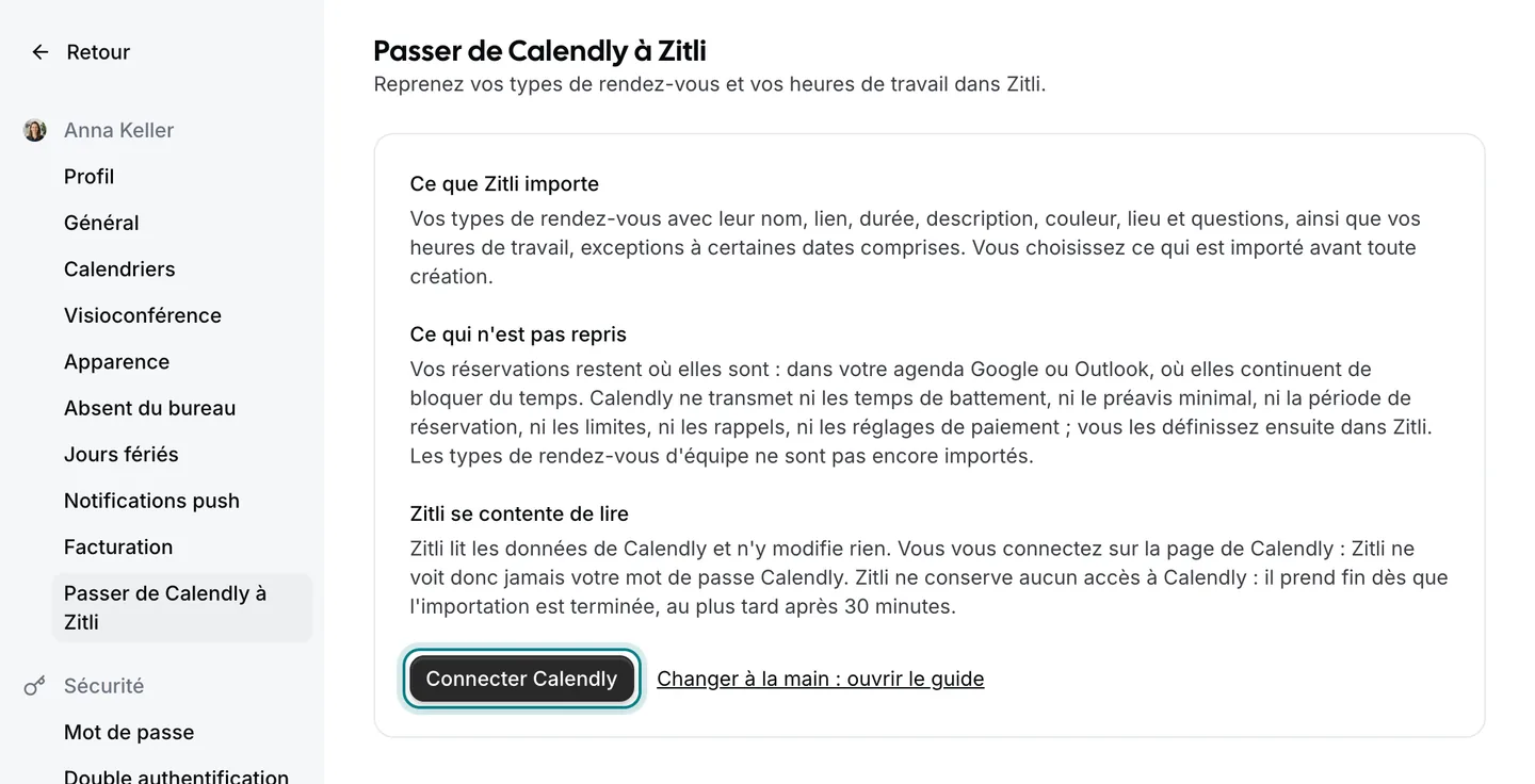 La page des paramètres Zitli « Passer de Calendly à Zitli », avec le bouton « Connecter Calendly » mis en évidence.