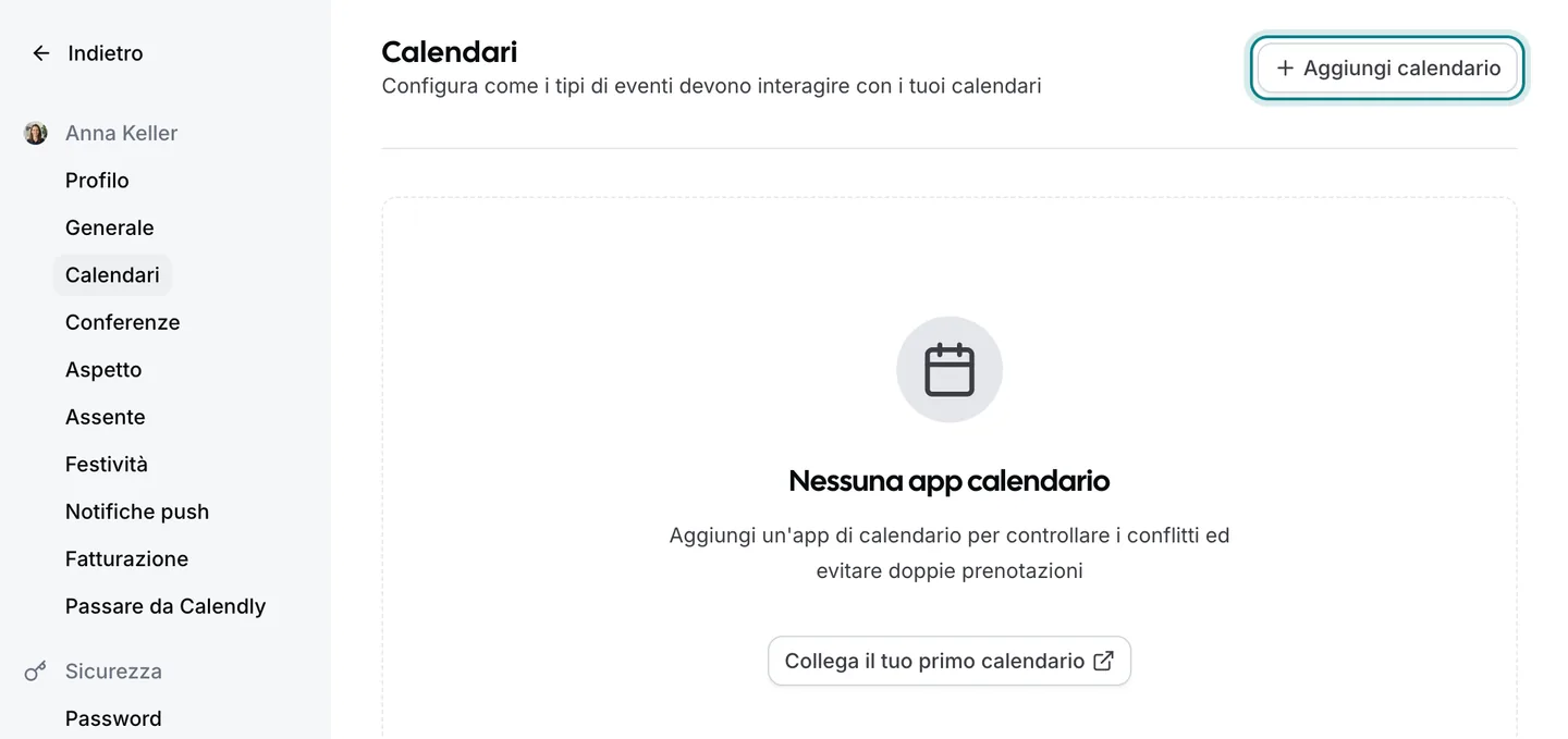 La pagina delle impostazioni di Zitli «Calendari», con il pulsante «Aggiungi calendario» evidenziato in alto a destra.