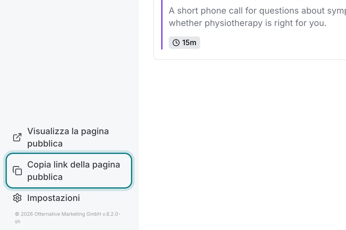 L'angolo in basso a sinistra dell'app Zitli, con «Copia link della pagina pubblica» evidenziato.