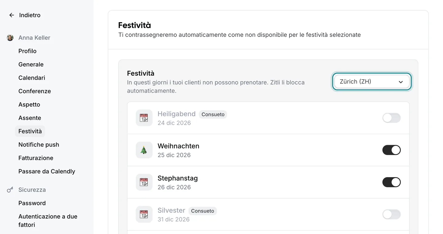 La pagina delle impostazioni di Zitli «Festività», con la scelta del Cantone evidenziata e, sotto, i giorni festivi del Canton Zurigo.