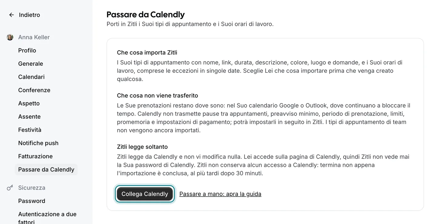La pagina delle impostazioni di Zitli «Passare da Calendly», con il pulsante «Collega Calendly» evidenziato.